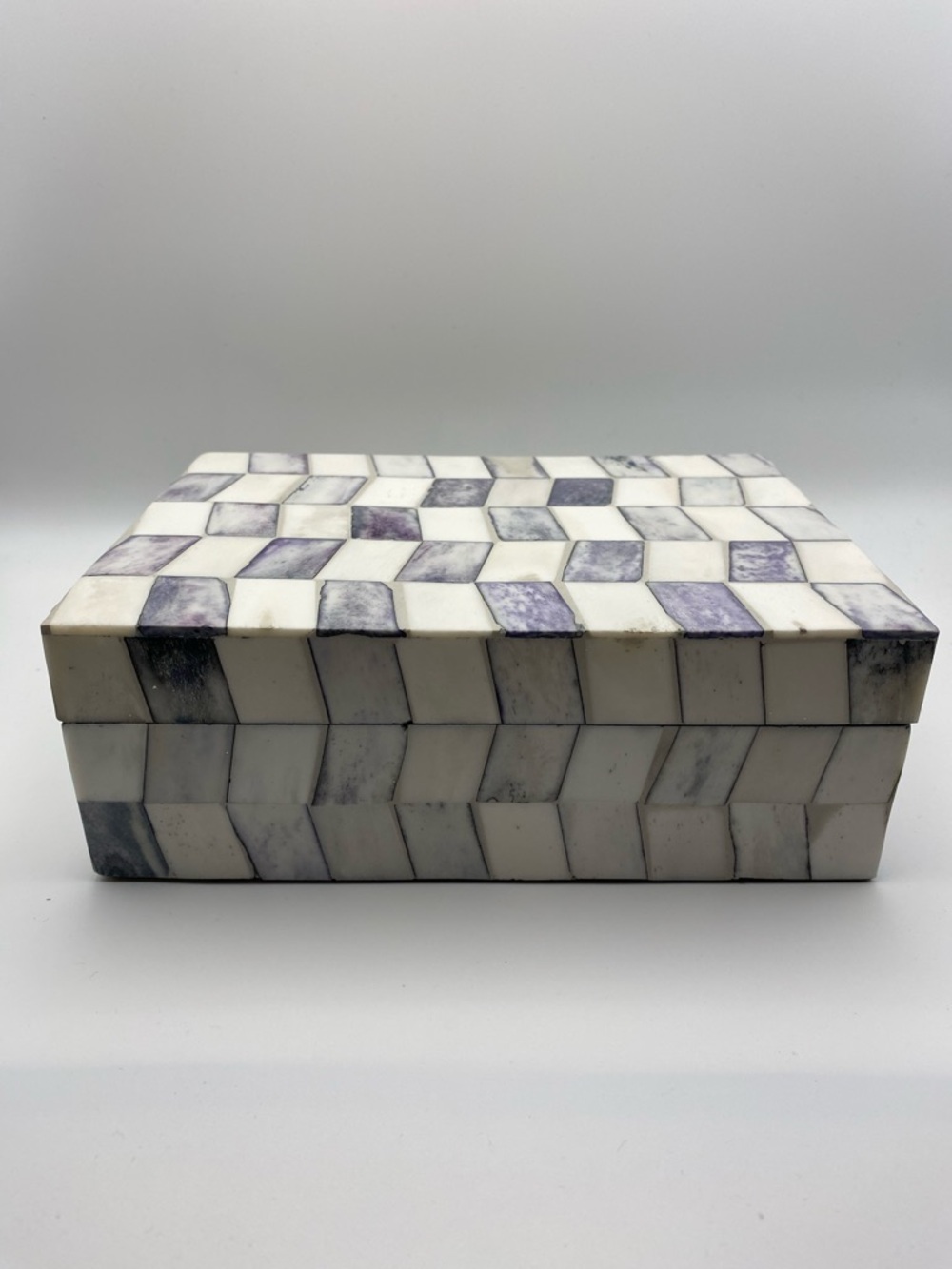 IMAX Corp Bone Inlay Decorative Box Purple Ivory Checkered Mosaic Keepsake Boho